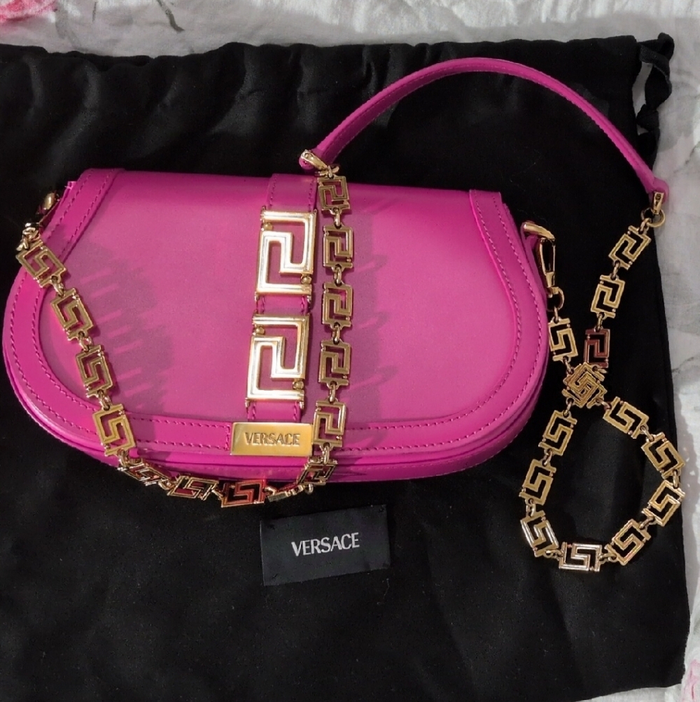 VERSACE HANDBAG Fuchsia Leather Crossbody with Gold Greek Hardware - Picture 14 of 14